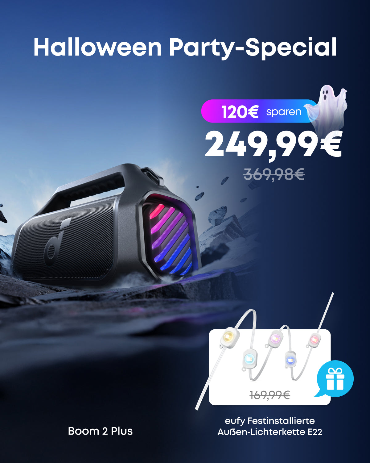 Boom 2 Plus || Bluetooth-Lautsprecher mit mächtigem Bass für Draußen + eufy Festinstallierte Außen‑Lichterkette E22