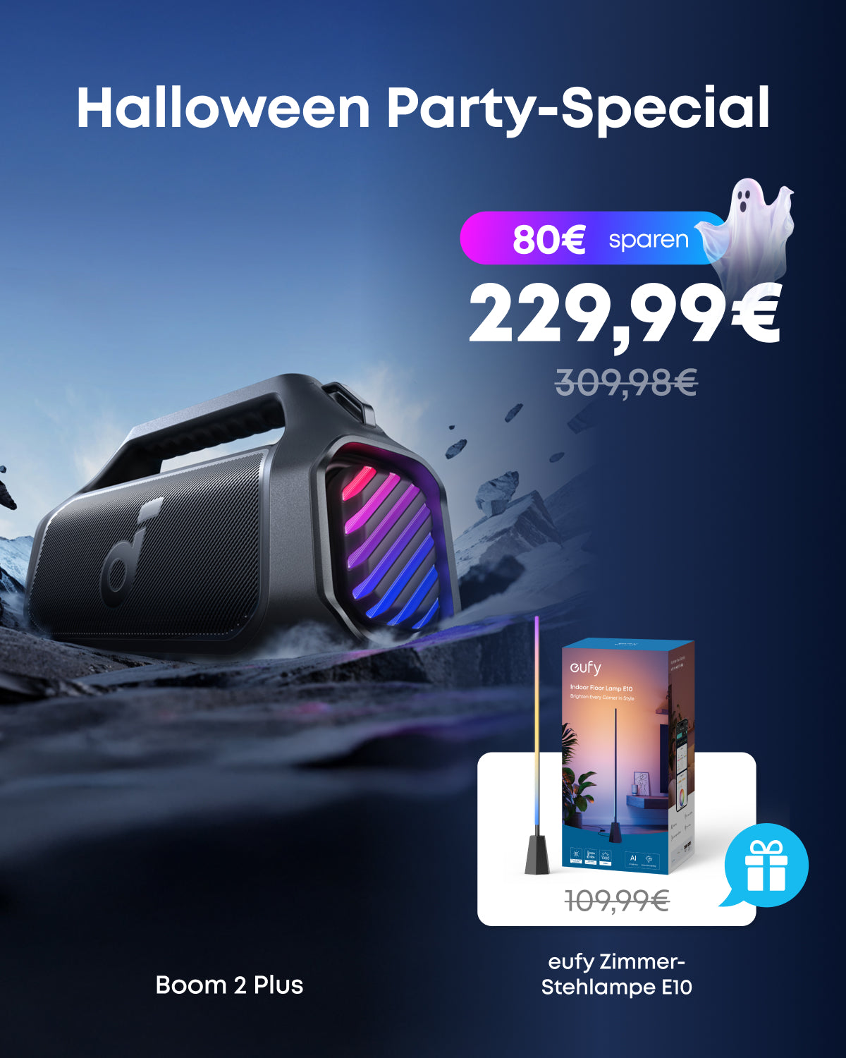 Boom 2 Plus || Bluetooth-Lautsprecher mit mächtigem Bass für Draußen + eufy Zimmer-Stehlampe E10