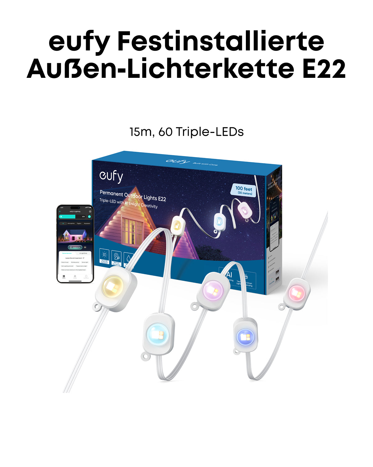 Boom 2 Plus || Bluetooth-Lautsprecher mit mächtigem Bass für Draußen + eufy Festinstallierte Außen‑Lichterkette E22
