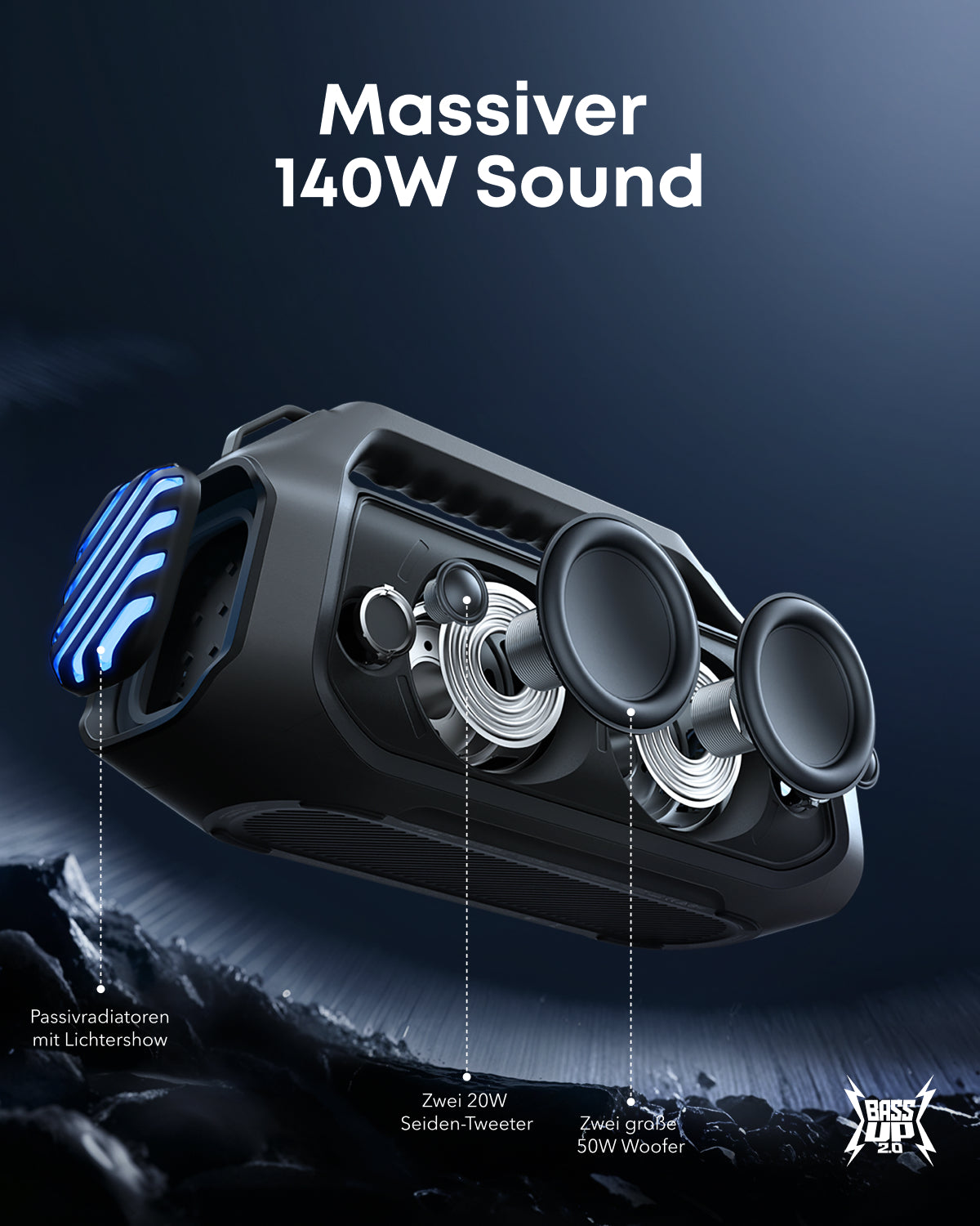 Boom 2 Plus || Bluetooth-Lautsprecher mit mächtigem Bass für Draußen + eufy Zimmer-Stehlampe E10