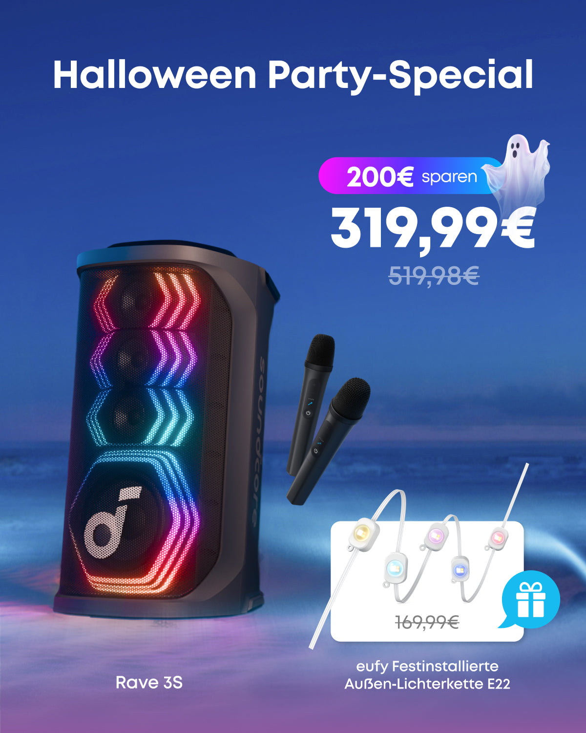 Rave 3S | KI Karaoke Party-Lautsprecher mit 200W Sound + eufy Festinstallierte Außen‑Lichterkette E22