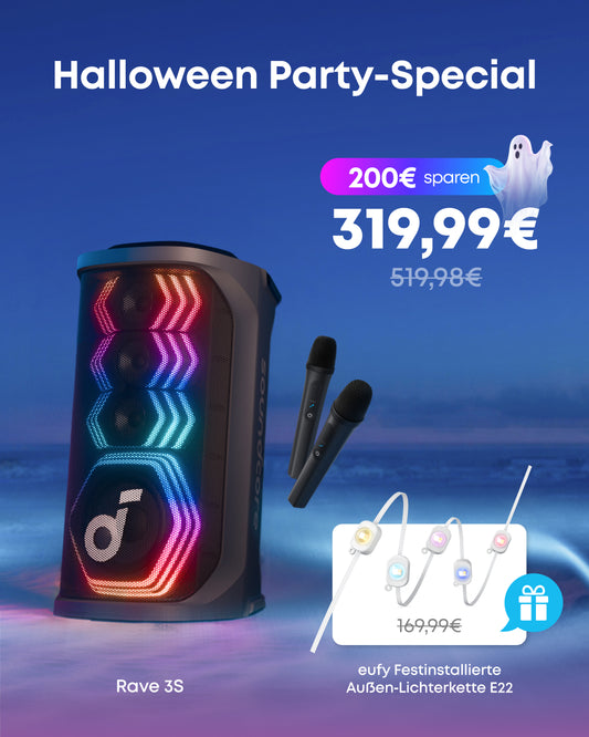 Rave 3S | KI Karaoke Party-Lautsprecher mit 200W Sound + eufy Festinstallierte Außen‑Lichterkette E22
