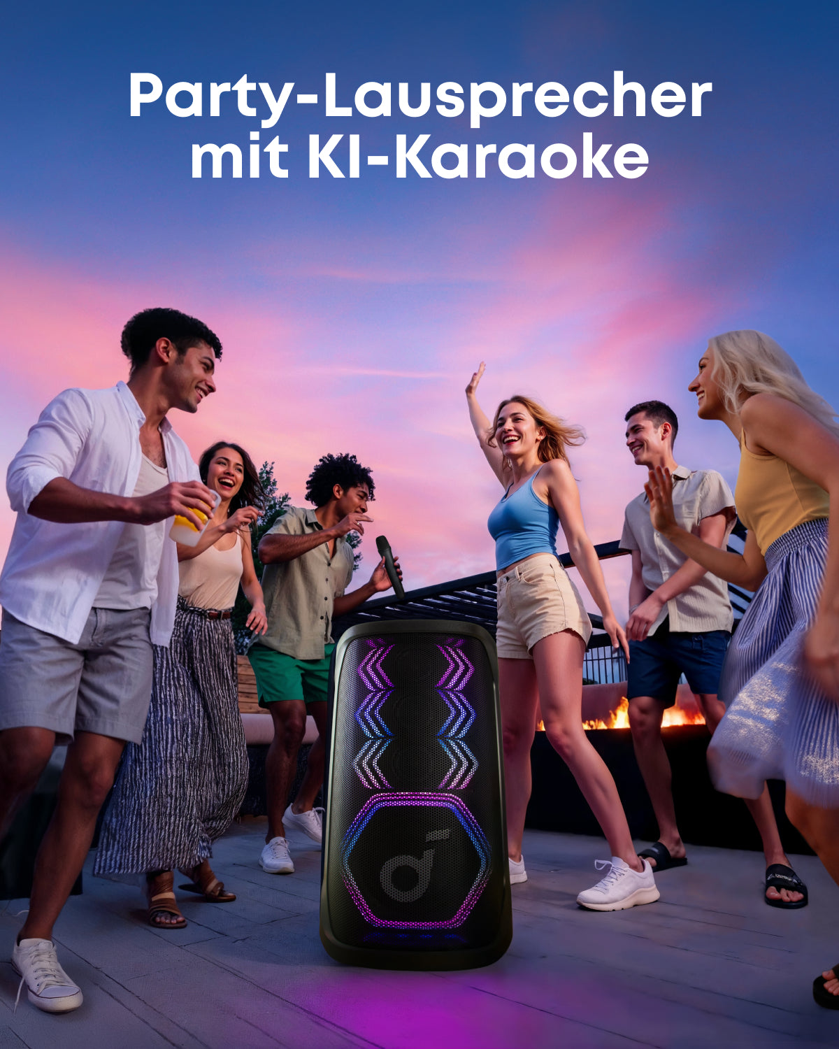 Rave 3S | KI Karaoke Party-Lautsprecher mit 200W Sound + eufy Festinstallierte Außen‑Lichterkette E22