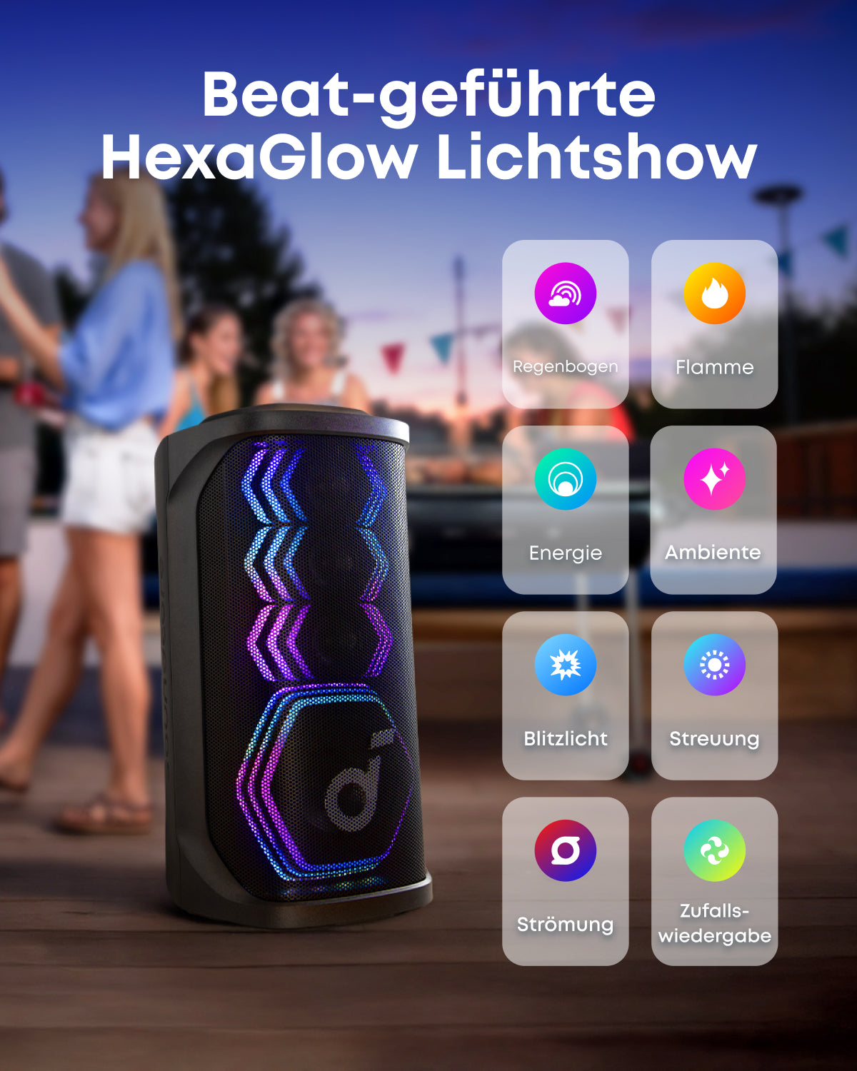 Rave 3S | KI Karaoke Party-Lautsprecher mit 200W Sound + eufy Festinstallierte Außen‑Lichterkette E22