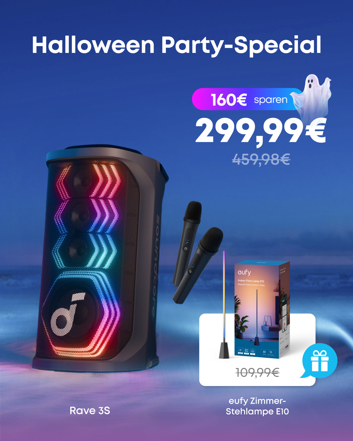 Rave 3S | KI Karaoke Party-Lautsprecher mit 200W Sound + eufy Zimmer-Stehlampe E10