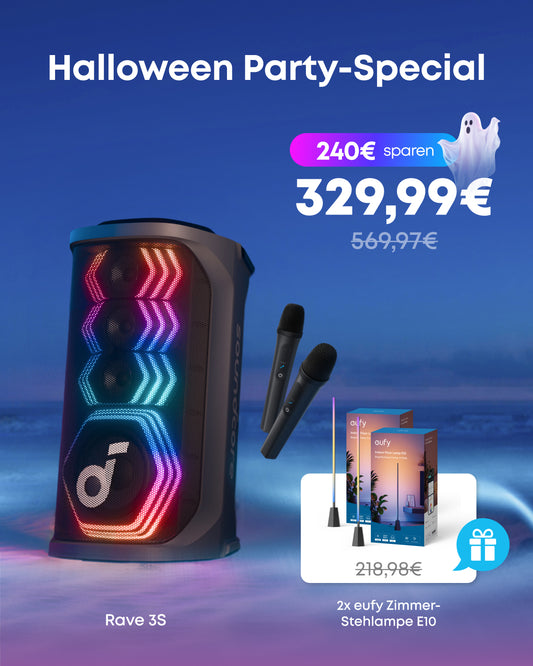 Rave 3S | KI Karaoke Party-Lautsprecher mit 200W Sound + 2x eufy Zimmer-Stehlampe E10