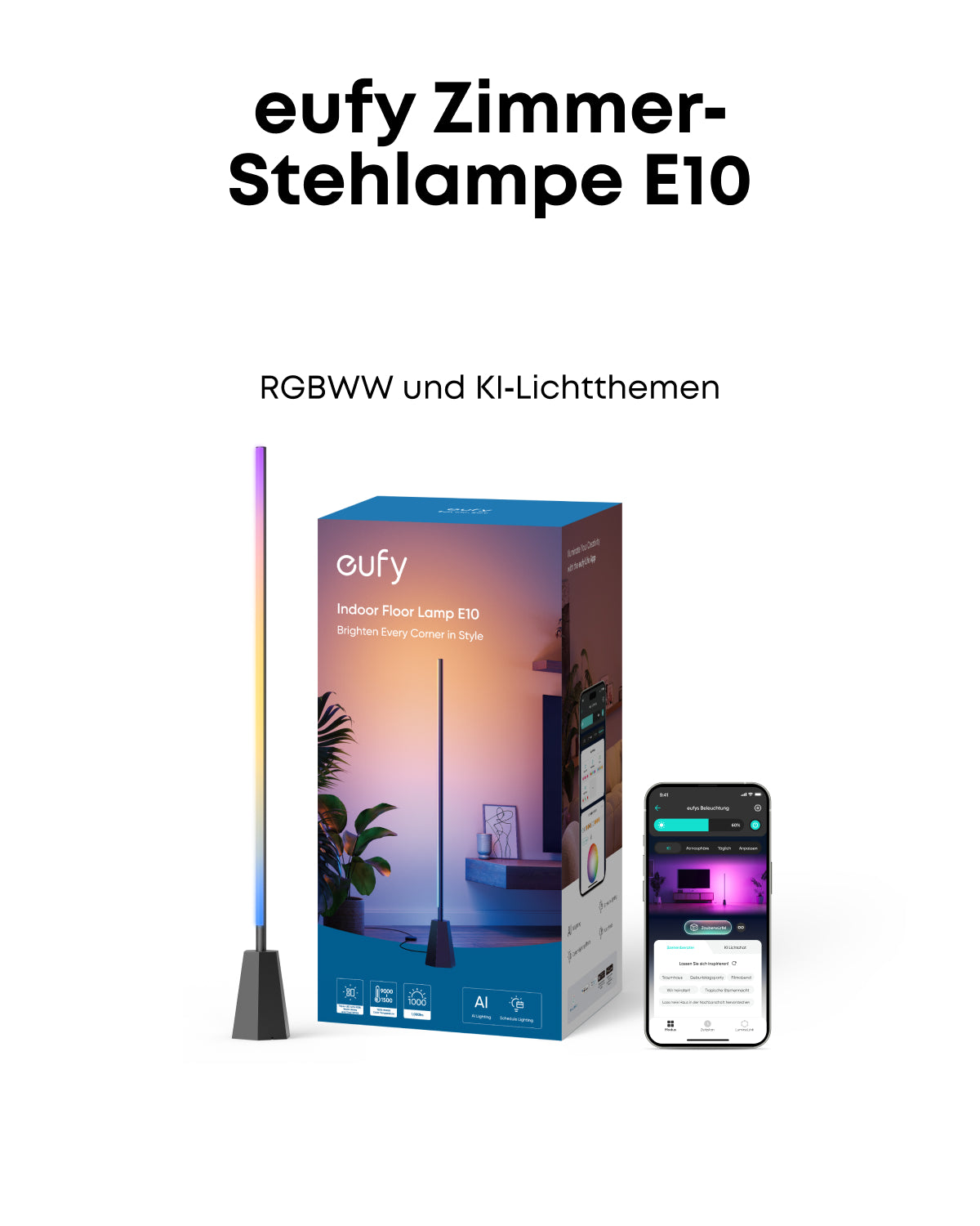 Rave 3S || KI Karaoke Party-Lautsprecher mit 200W Sound + 2x eufy Zimmer-Stehlampe E10