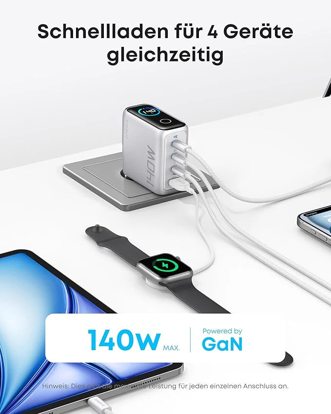 Anker Ladegerät (140W, 4-Port, PD 3.1) mit USB-C Kabel