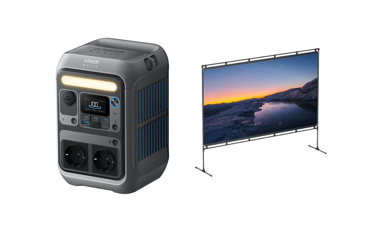 Anker SOLIX C300 + NEBULA 100 Zoll Beamer Leinwand mit Stativ