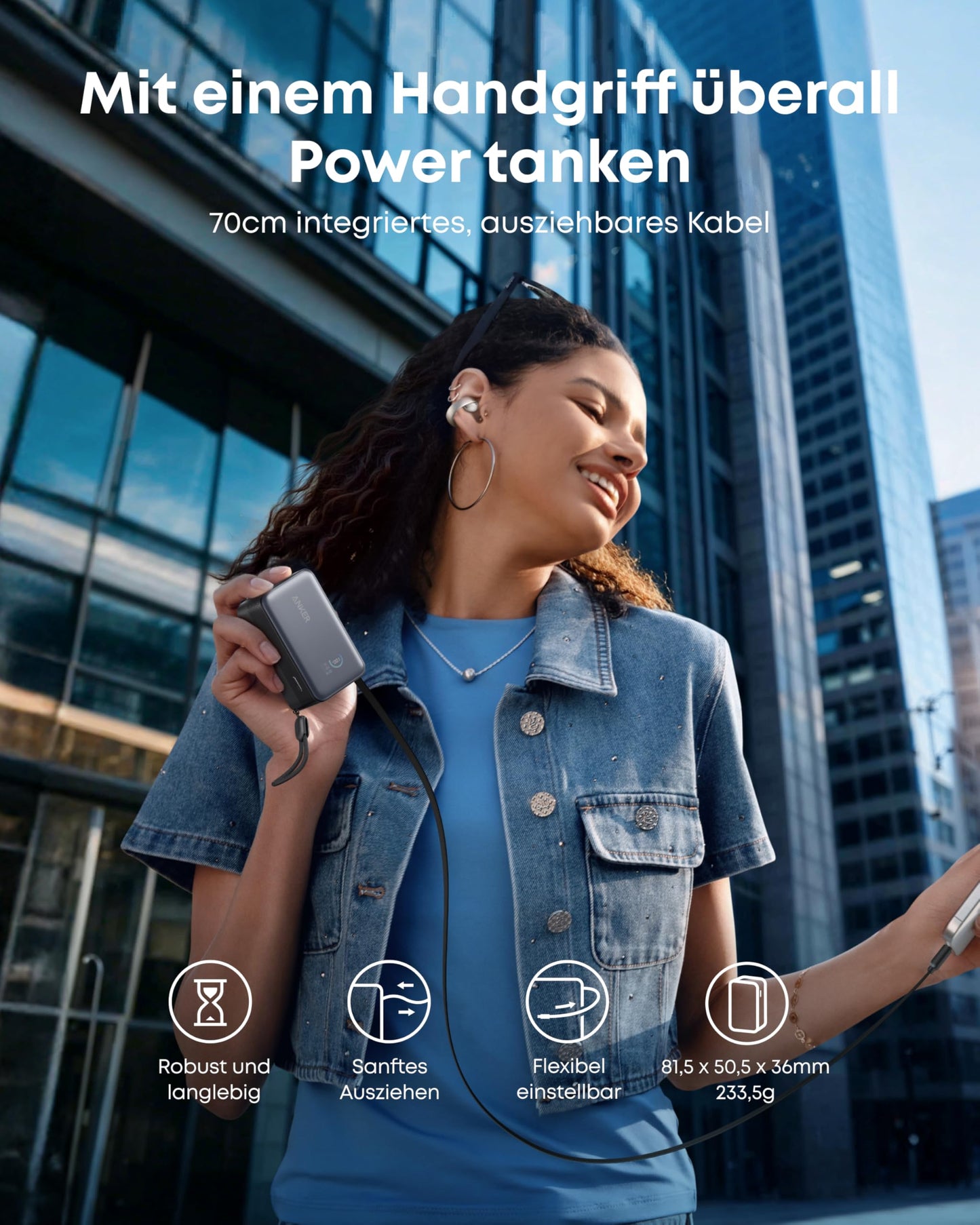 Anker Nano Powerbank  (10K, 45W, Integriertes einziehbares USB-C Kabel)