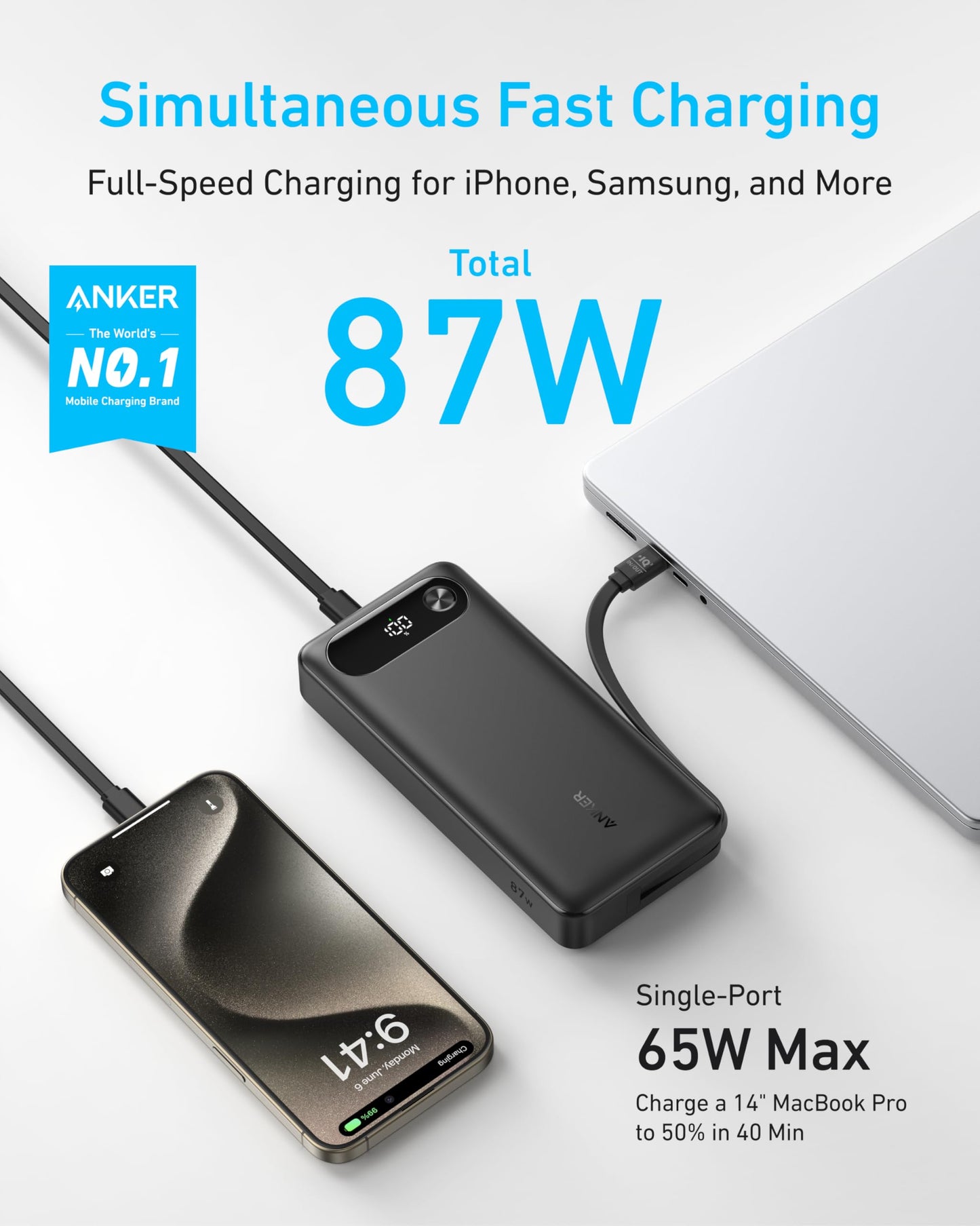 Anker Powerbank (20K, 87W, Integriertes USB-C Kabel)